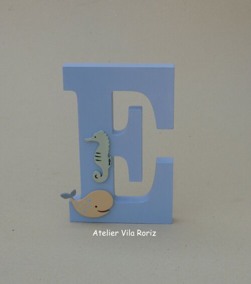 Letra inicial Madeira 15 cm Animais Marinhos Azul