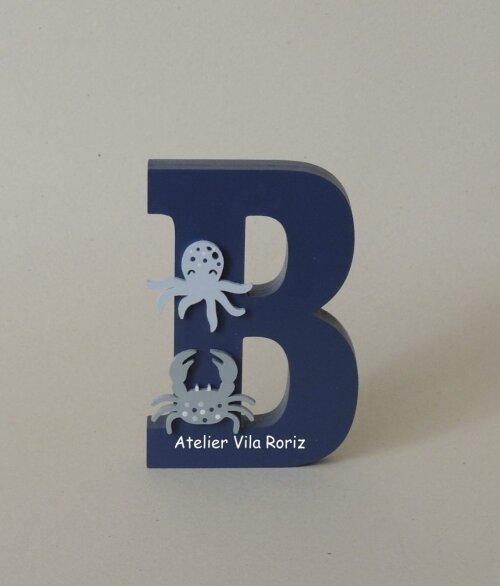 Letra inicial Madeira 15 cm Animais Marinhos Azul Royal