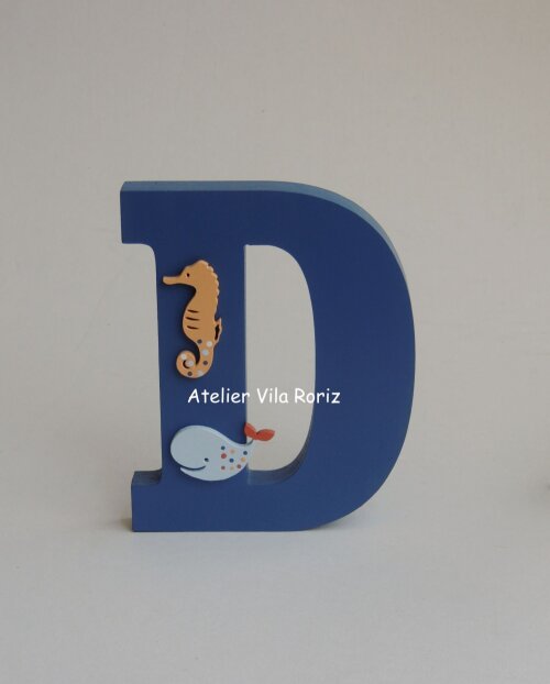 Letra inicial Madeira 15 cm Animais Marinhos Azul Royal