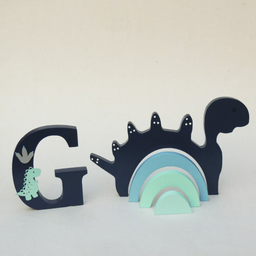 Kit Adornos Madeira Dinossauro Arcos e Letra Inicial 15cm Marinho