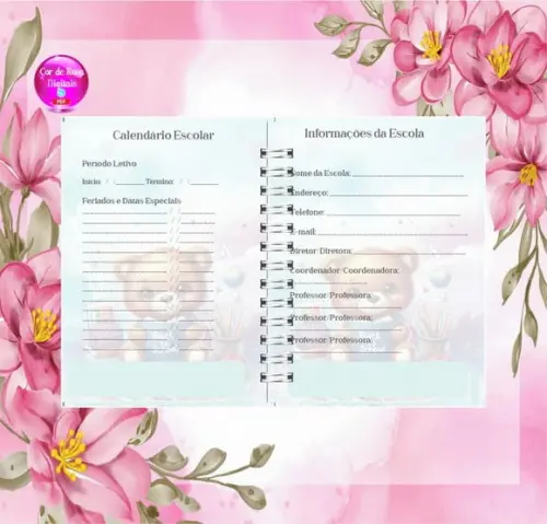 Volta às Aulas Arquivo Digital Combo Agenda Urso, Aquarelado