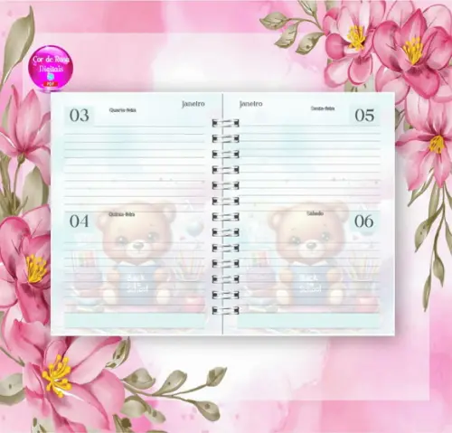Volta às Aulas Arquivo Digital Combo Agenda Urso, Aquarelado