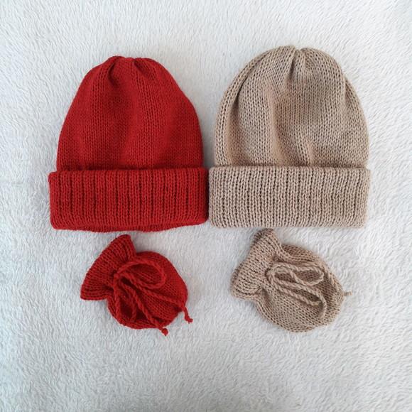 Combo Touca Gorro e Luvas Bebê Vermelho e Káqui