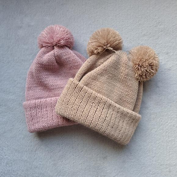Combo Touca Gorro Pompom Infantil Rosê e Bege