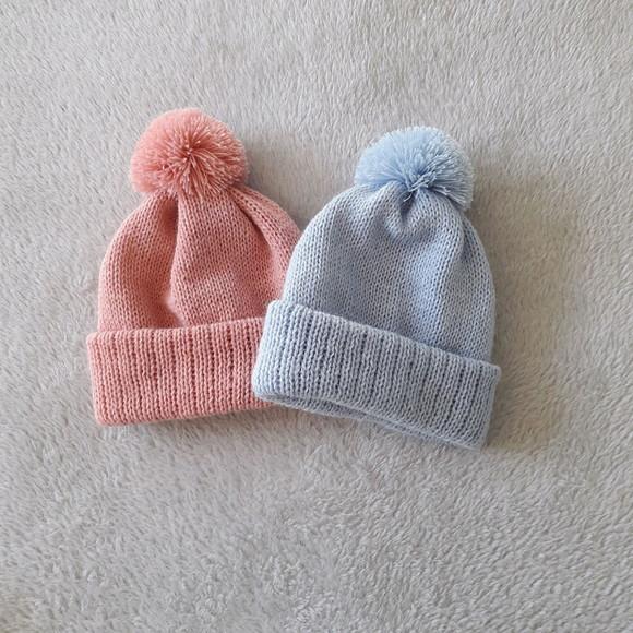 Combo Toucas Pompom Bebê Rosê e Azul Claro