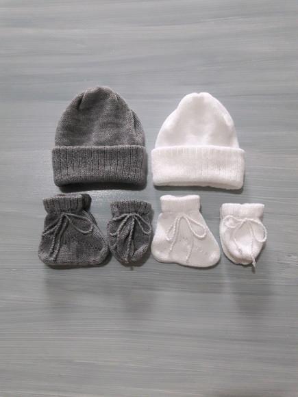 Combo Toucas Luvas Meias Cinza e Branco Bebê Rn