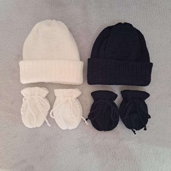 Kit Touca Gorro Luvas Bebê Lã Branca e Azul Marinho