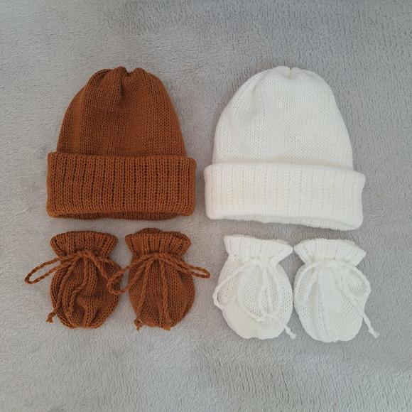 Kit Touca Gorro Luvas Bebê Lã Caramelo e Branca