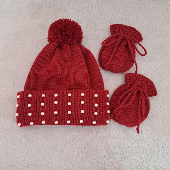 Touca Bebê Pompom e Pérolas Abs e Luvinhas Cor Vermelha