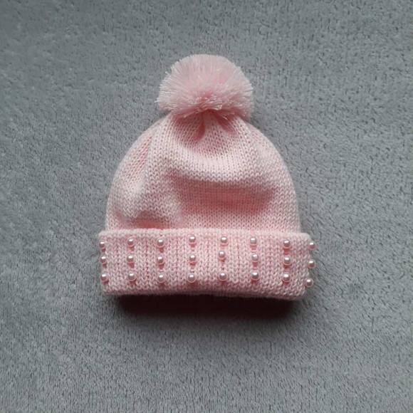 Touca Bebê Pompom E Pérolas Rosa Bebê Maternidade