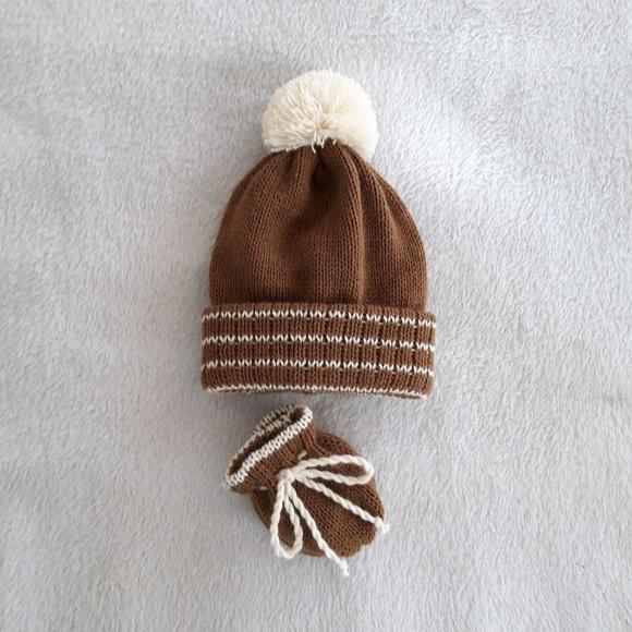 Touca com Pompom e Luvas Bebê Rn Marrom Couro e Bege Claro