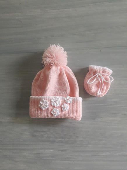 Touca com Pompom e Luvas para Bebê