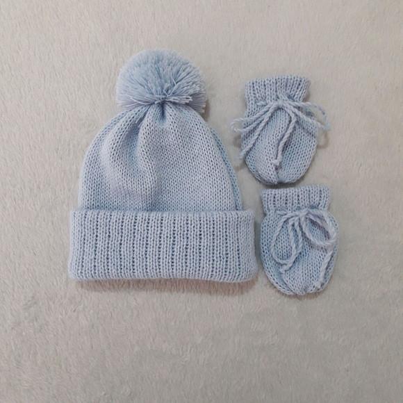 Touca com Pompom e Luvas para Bebê Rn Azul Bebê