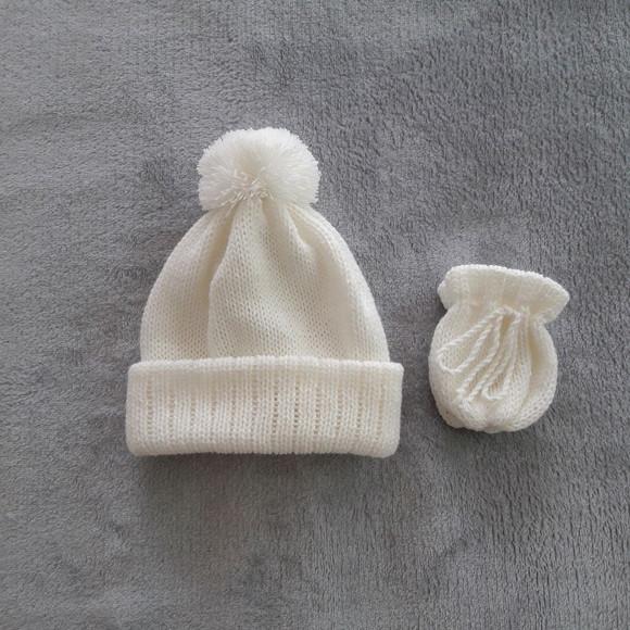 Touca com Pompom e Luvas para Bebê Rn na Cor Off White