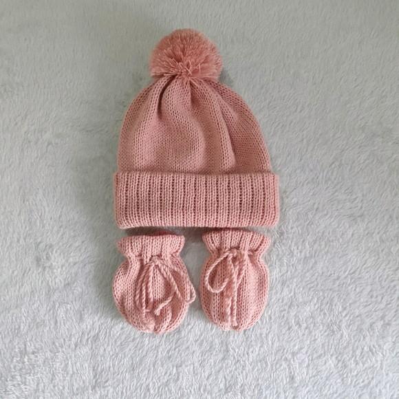 Touca com Pompom e Luvas para Bebê Rn na Cor Rosê
