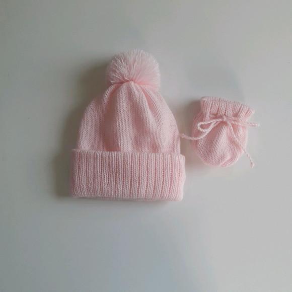 Touca com Pompom e Luvas para Bebê Rosa Claro