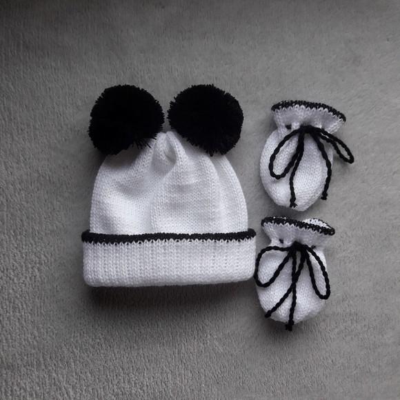 Touca Dois Pompom e Luvas Bebê Maternidade Branca e Preta