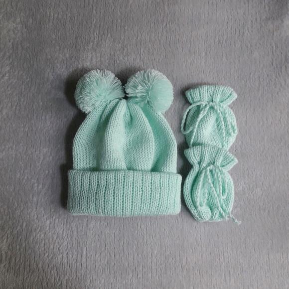 Touca Dois Pompom e Luvas Bebê Verde Água