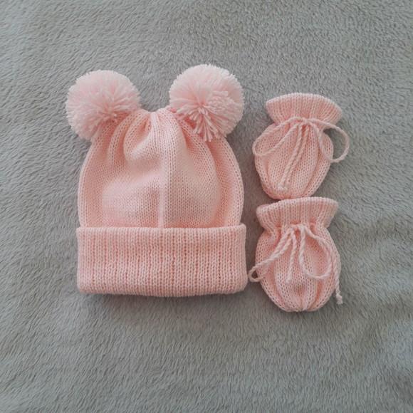 Touca Dois Pompons e Luvas Rosa Bebê