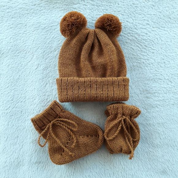 Touca Dois Pompons Meias e Luvas Bebê Caramelo