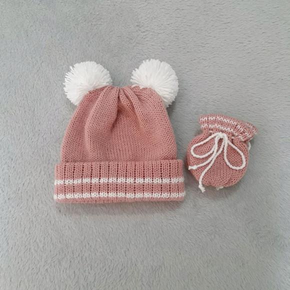 Touca Dois Pompons e Luvas Bebê Rn Rosê e Branco