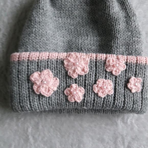 Touca e Luvas Bebê Cinza e Rosa