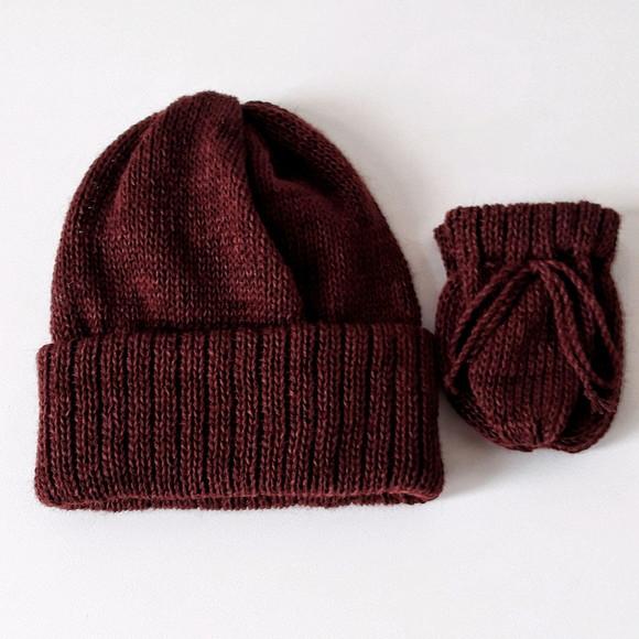 Touca e Luvas para Bebê Rn na Cor Marsala