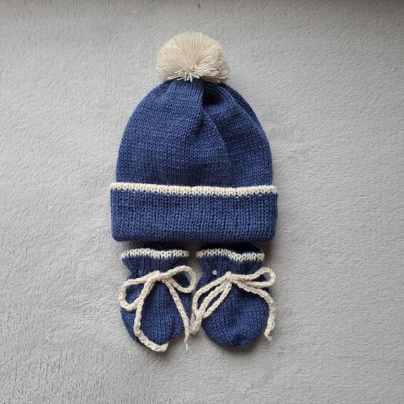 Touca Gorro Pompom Luvas Bebê Azul Índigo e Cru