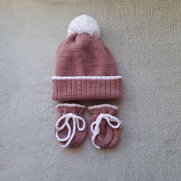 Touca Gorro Pompom Luvas Bebê Rosa Escuro e Cru