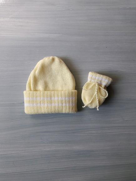 Touca Luvas Bebê Trico Crochê Amarelo Bebê e Branco