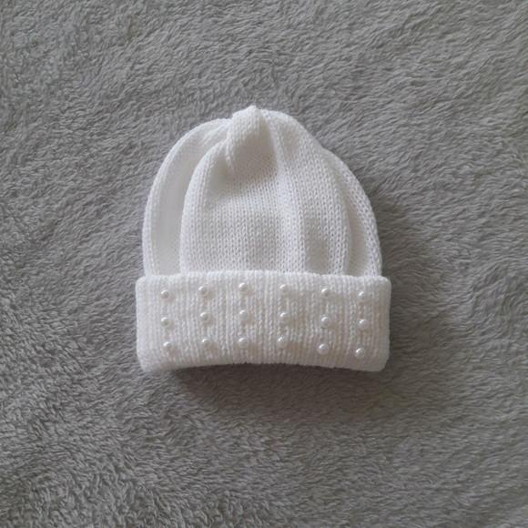 Touca Gorro Tricô Bebê Pérolas Abs Tamanho Rn Branca