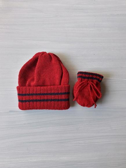 Touca Luvas Bebê Trico Crochê Vermelho e Marinho