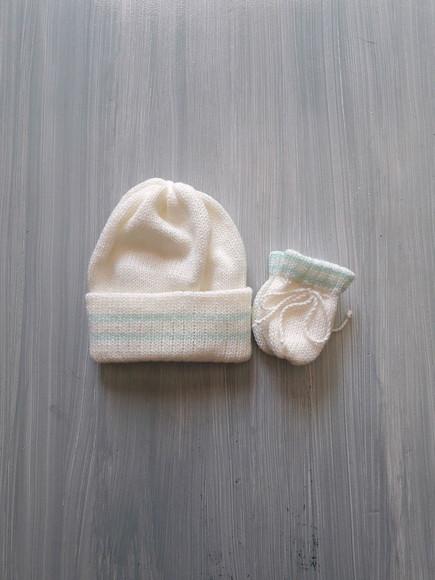 Touca Luvas Bebê Trico Crochê Off White e Verde Água