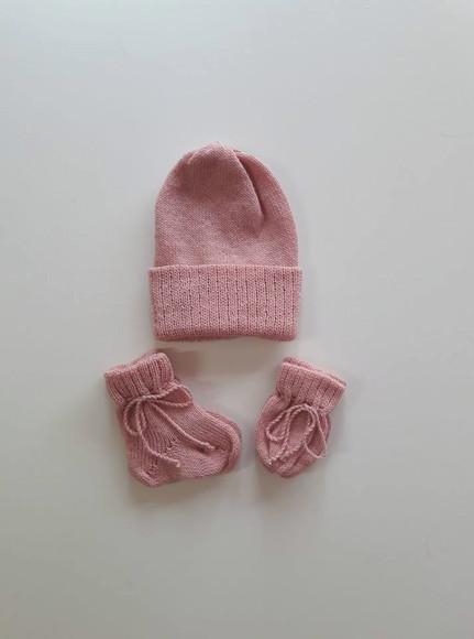 Touca, Meinhas e Luvas Bebê Trico e Croche Rosa