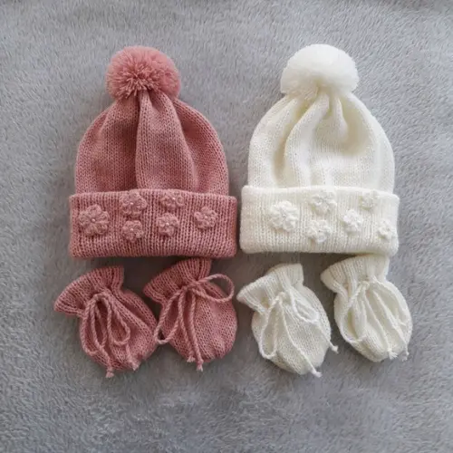 Combo Touca Pompom Flor e Luvas Bebê Rosê e Off White