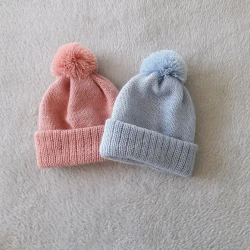 Combo Toucas Pompom Bebê Rosê e Azul Claro