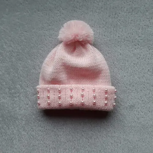 Touca Bebê Pompom E Pérolas Rosa Bebê Maternidade