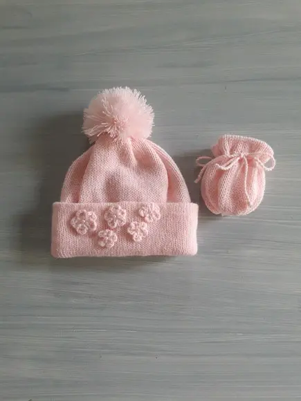 Touca com Pompom e Luvas para Bebê