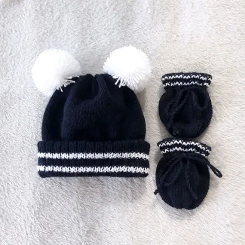 Touca com Pompom e Luvas para Bebê Marinho e Branco