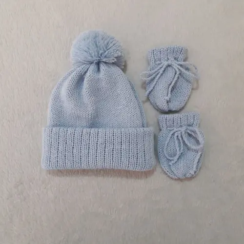 Touca com Pompom e Luvas para Bebê Rn Azul Bebê
