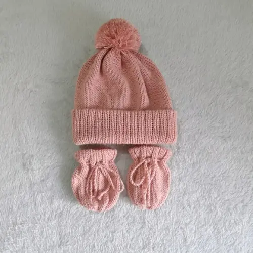 Touca com Pompom e Luvas para Bebê Rn na Cor Rosê