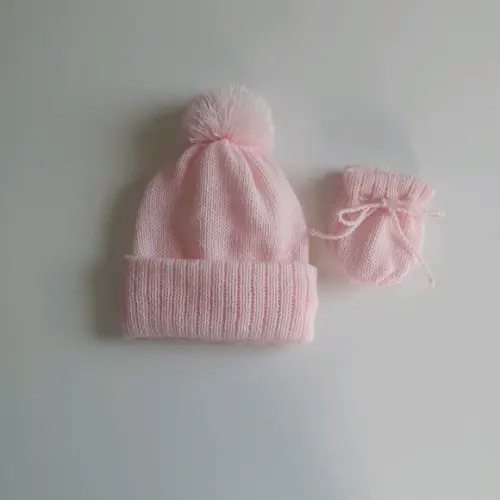 Touca com Pompom e Luvas para Bebê Rosa Claro