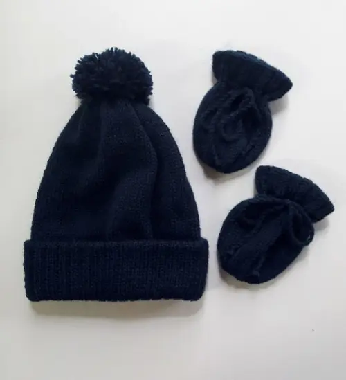 Touca com Pompom e Luvinhas para Bebê Rn Azul Marinho