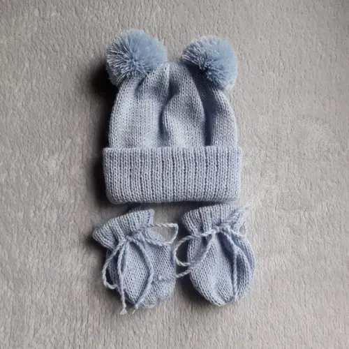 Touca Dois Pompom e Luvas Azul Bebê Rescém Nascido