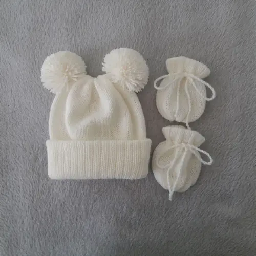 Touca Dois Pompons e Luvas Bebê Off White