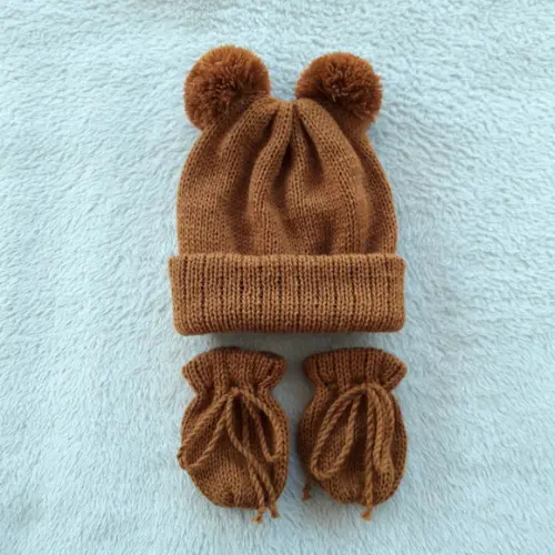 Touca Dois Pompons e Luvas Bebê Rn Caramelo