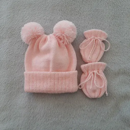 Touca Dois Pompons e Luvas Rosa Bebê