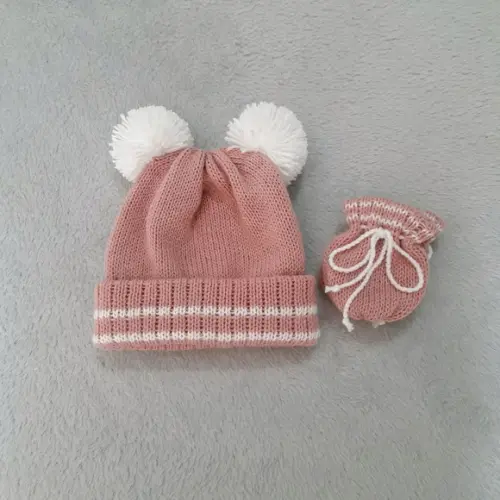 Touca Dois Pompons e Luvas Bebê Rn Rosê e Branco