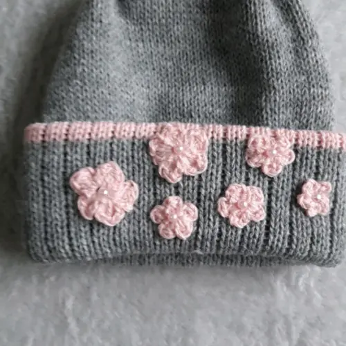 Touca e Luvas Bebê Cinza e Rosa