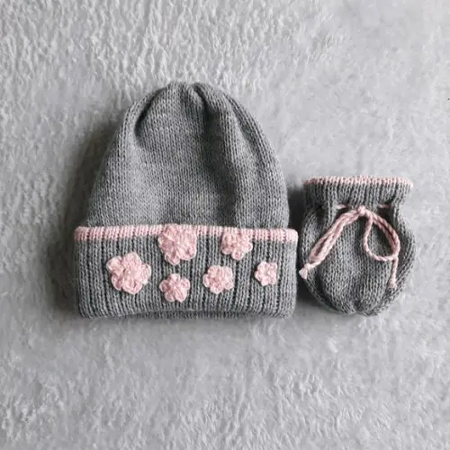 Touca e Luvas Bebê Cinza e Rosa